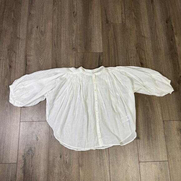 Madewell Shirred Balloon Sleeve Crewneck Button-Up Top WMNS M White Lightweight - Picture 3 of 8